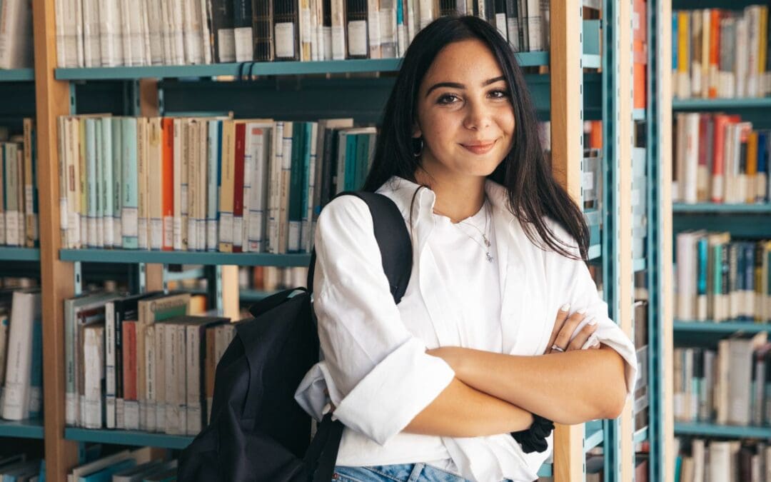 female student in library